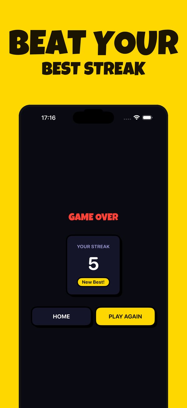 Game over screen showing a streak of 5 and a New Best badge